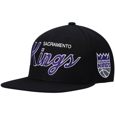 Mitchell & Ness Men's  Black Sacramento Kings Hardwood Classics Script 2.0 Snapback Hat