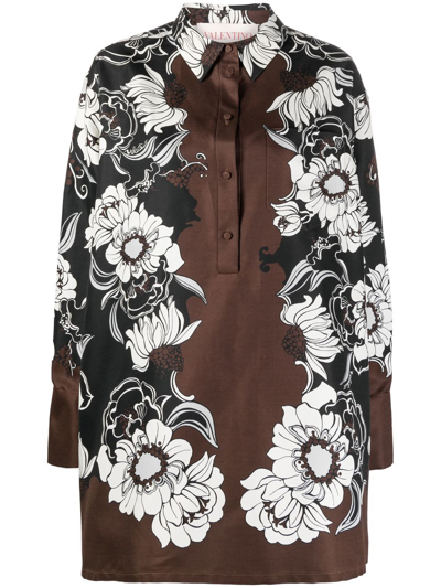 Valentino Floral-print Shirt Dress In Braun
