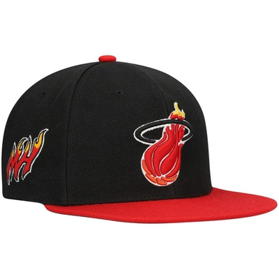Mitchell & Ness Men's  Black, Red Miami Heat Hardwood Classics Core Side Snapback Hat In Black,red