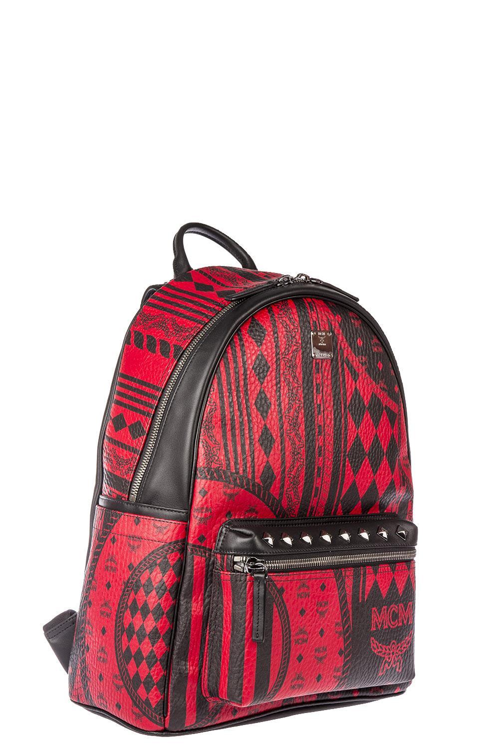 red and black mcm backpack