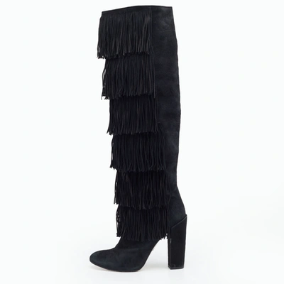 Pre-owned Paul Andrew Black Suede Fringe Knee Length Boots Size 38.5