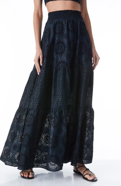 Alice And Olivia Reise Embroidered Cotton & Linen Tiered Maxi Skirt In Black