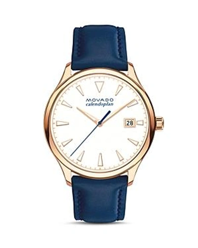 Movado Heritage Calendoplan Leather Strap Watch, 36mm In Blue/ White/ Rose Gold