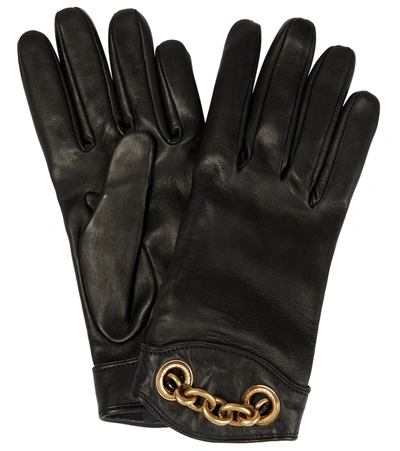 Saint Laurent Embellished Leather Gloves In Black