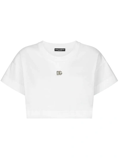 Dolce & Gabbana Kids' Cropped Cotton T-shirt With Metal Logo In White