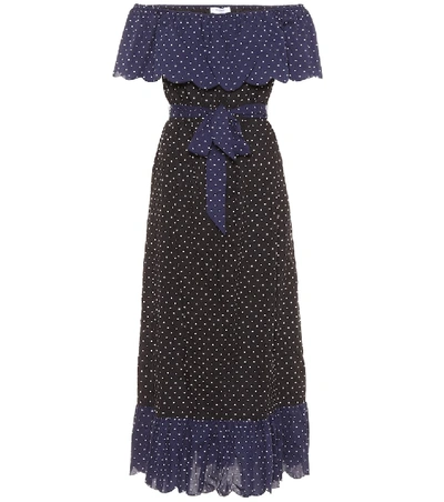 Marysia Off-the-shoulder Polka-dot Coverup Dress, Blue/black In Black/mirt