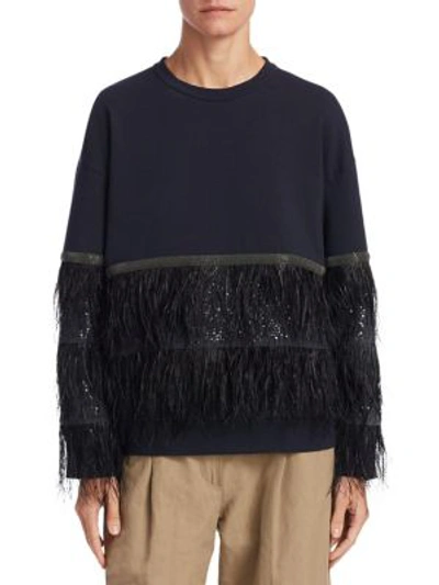Brunello Cucinelli Feather Trimmed Sweater In Navy
