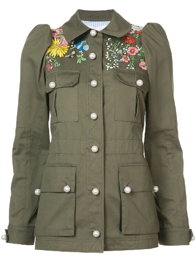 Veronica Beard Huxley Floral Embroidered Safari Jacket In Army