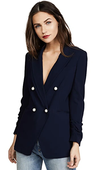 Veronica Beard Double-breasted Ruched-sleeve Blazer In Navy