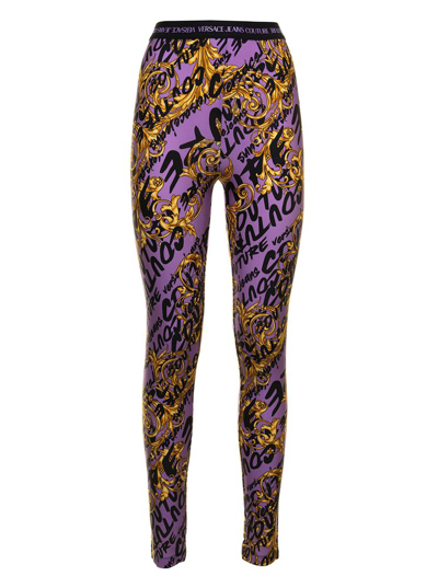 Versace Jeans Couture Versae Jeans Couture Womans Stretch Fabric Leggings With Brush Logo Print In Viola
