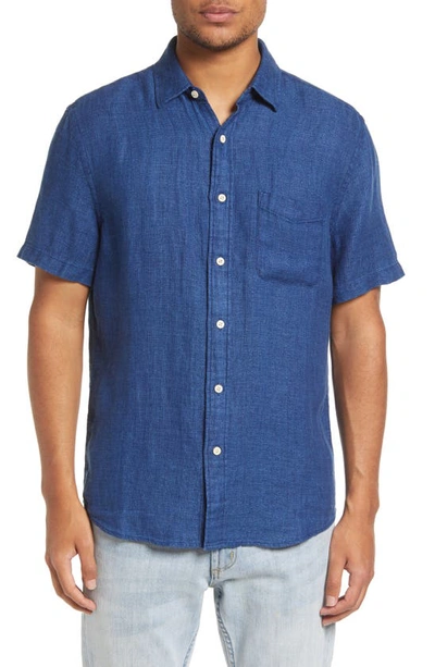 Faherty Laguna Short Sleeve Linen Button-up Shirt In Indigo Basketweave
