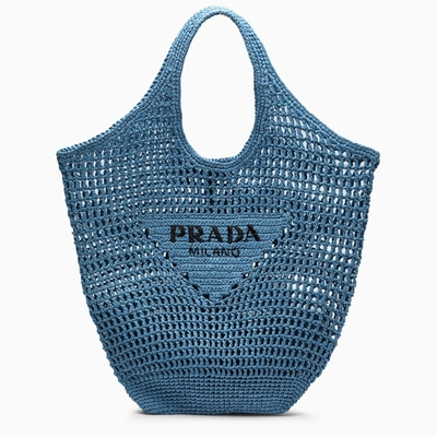 Prada Sky Blue Raffia Tote Bag With Logo Embroidery In Light Blue