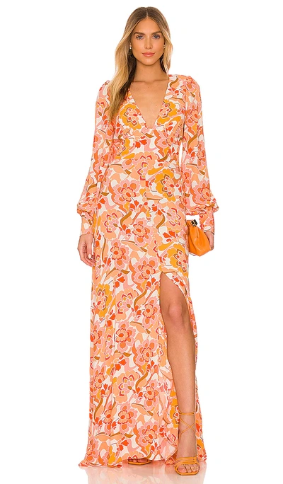 Afrm Shiloh Printed Balloon Sleeve Maxi Dress In Vintage Coral