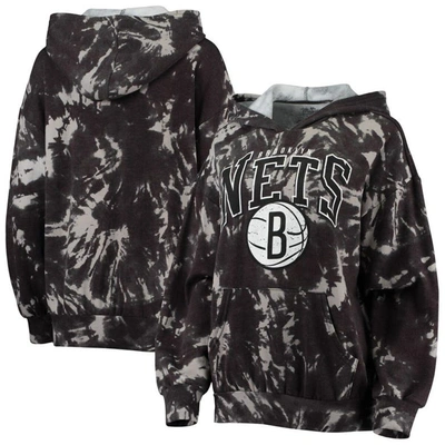 Majestic Threads Black Brooklyn Nets Burble Tie-dye Tri-blend Pullover Hoodie