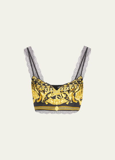 Versace Lace-trimmed Printed Silk-twill Bralette In Green