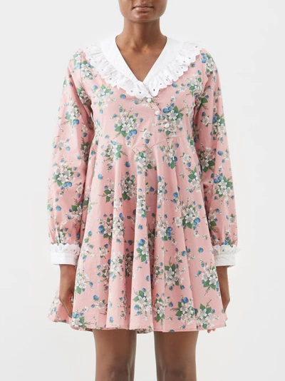 Batsheva Harper Broderie-collar Floral Cotton Mini Dress In Pink Multi