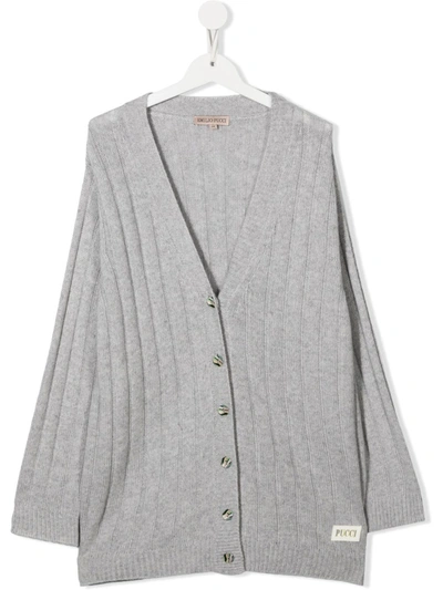 Emilio Pucci Junior Kids' Ribbed-knit Wool-blend Cardigan In Grey