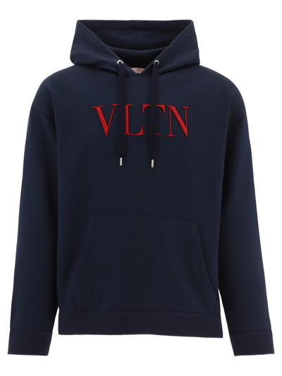 Valentino Vltn Embroidered Cotton Jersey Hoodie In Blue