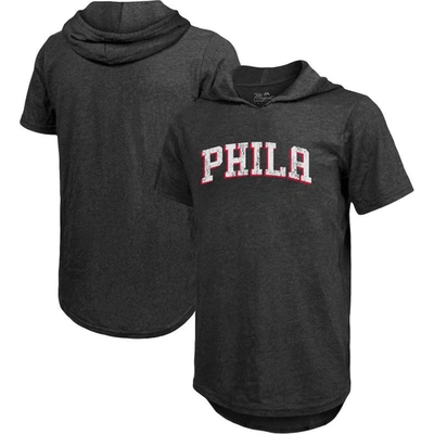 Majestic Threads Heathered Black Philadelphia 76ers Wordmark Tri-blend Hoodie T-shirt