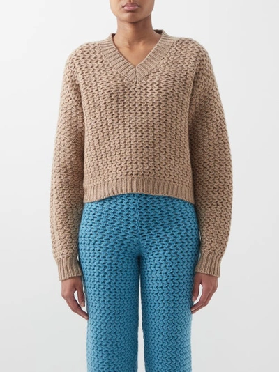 The Elder Statesman Rope Stitch V-neck Cropped Cashmere Sweater In Brown Beige
