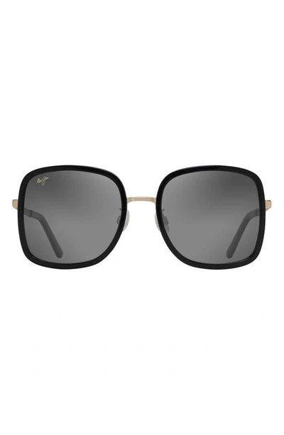 Maui Jim Pua 55mm Polarized Square Sunglasses In Black Gloss With Shiny Gold