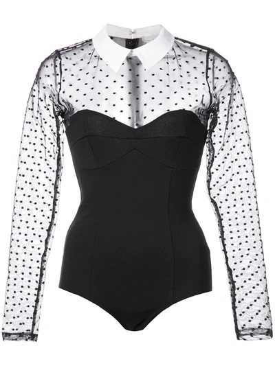 Fleur Du Mal Dotted Tulle Collared Bodysuit In Black