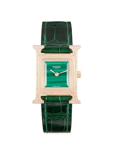 Hermes Heure H 25mm 18k Rose Gold & Diamond Alligator Strap Watch