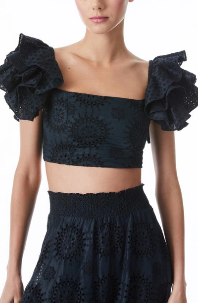 Alice And Olivia Tawny Cropped Broderie Anglaise Cotton And Linen-blend Top In Black
