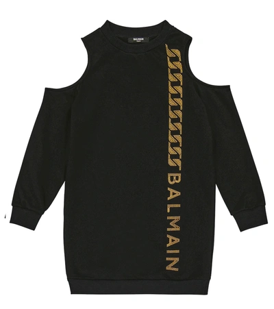 Balmain Teen Logo-print Cut-out Shoulder Dress In 930or-nero/oro