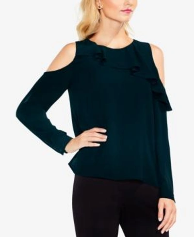 Vince Camuto Cold-shoulder Ruffled Top In Dark Peacock
