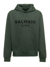 Balmain Mans Green Cotton Hoodie With Logo Print