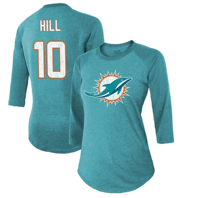 Majestic Women's  Threads Tyreek Hill Aqua Miami Dolphins Name & Number Raglan 3/4 Sleeve T-shirt