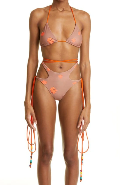 House Of Aama Beaded Two-piece Swimsuit In Brown/ Orange