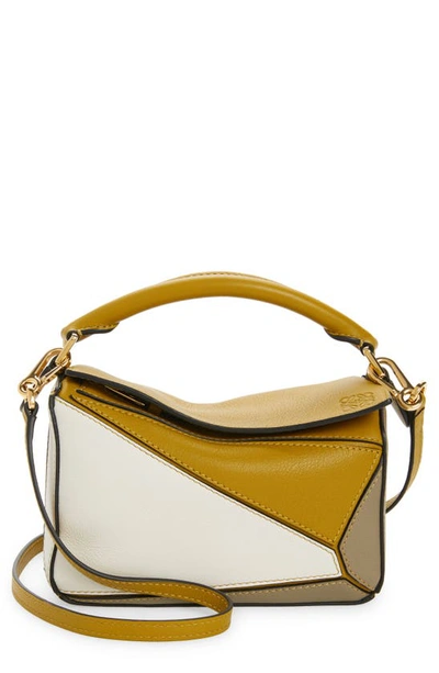 Loewe Puzzle Mini Leather Shoulder Bag In Ochre/soft White