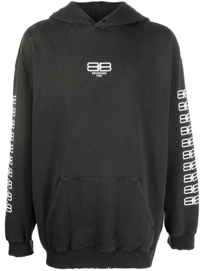 Balenciaga Bb Paris Logo-embroidered Cotton Hoodie In Black