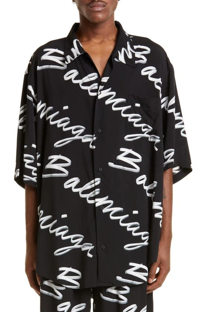Balenciaga Scribble Print Short Sleeve Logo Button-up Shirt In Noir/ecru