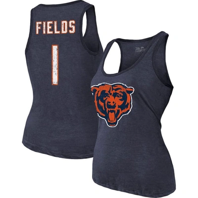 Majestic Women's  Threads Justin Fields Navy Chicago Bears Player Name And Number Tri-blend Tank Top