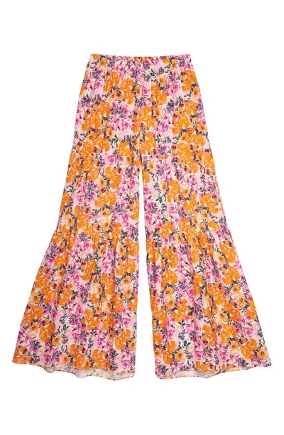 Something Navy Floral Print Tiered Wide Leg Linen Blend Pants In Orange Combo