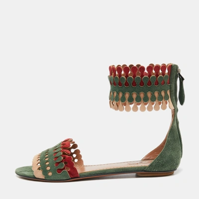 Pre-owned Alaïa Tri-color Cut-out Suede Flat Ankle-cuff Sandals Size 37.5 In Green