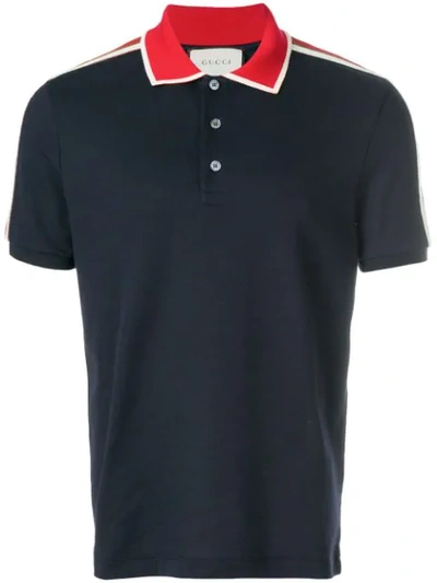 Gucci Jacquard Stripe Sleeve Pique Polo In Midnight Blue