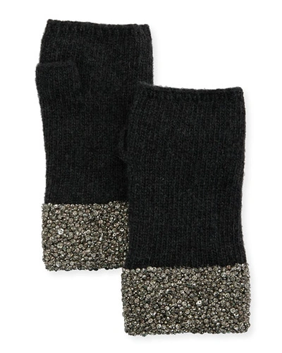 Carolyn Rowan Fingerless Cashmere Gloves W/ Crystal Pave Cuffs In Charcoal