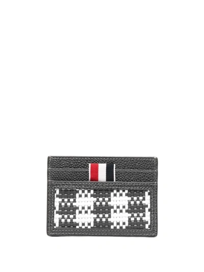 Thom Browne Woven-check Leather Cardholder In Grey