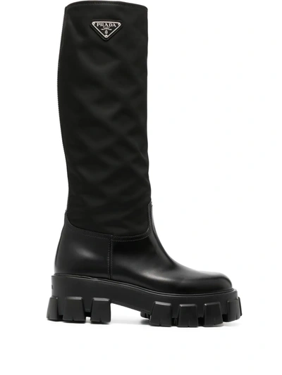 Prada Black Leather And Re-nylon Monolith High Boots