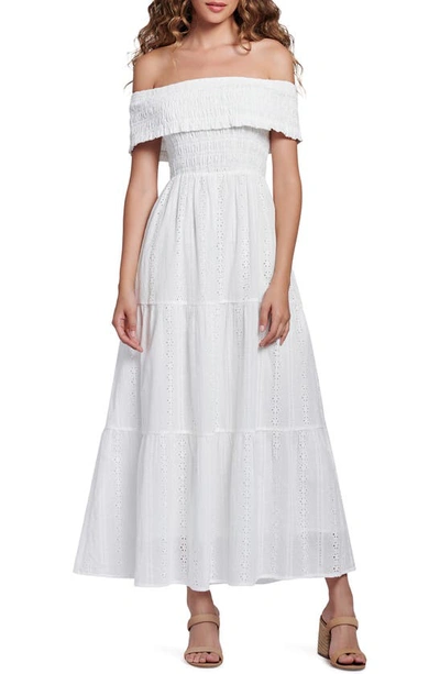 Lost + Wander With The Wind Smocked Off The Shoulder Cotton Eyelet Dress In White