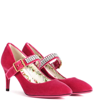 Gucci Embellished Velvet Pumps In Pink