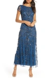 Pisarro Nights Beaded Mesh Column Gown In Petrol Blue/ Copper