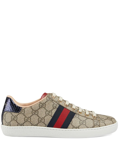 Gucci Ace Gg Supreme Metallic Watersnake-trimmed Logo-print Coated-canvas Sneakers In Blue