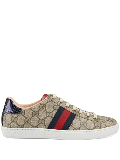 Gucci Ace Gg Supreme Metallic Watersnake-trimmed Logo-print Coated-canvas Trainers In Green