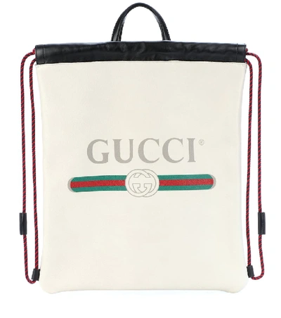 Gucci Logo Leather Drawstring Backpack - White In Bianco