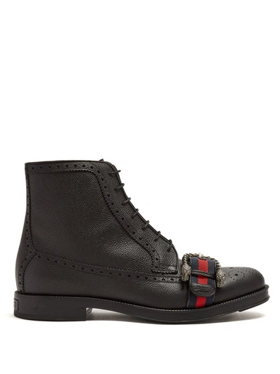 Gucci Leather Brogue Boot With Web In Black